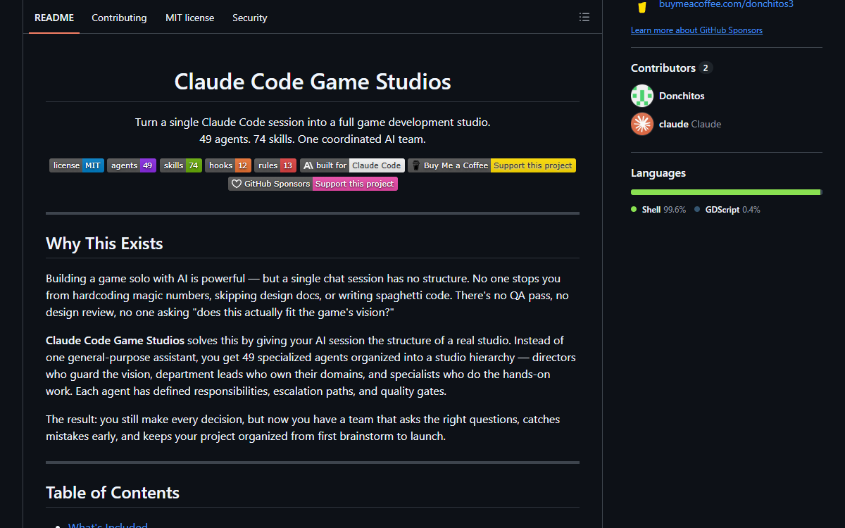 Screenshot of Claude Code Game Studios