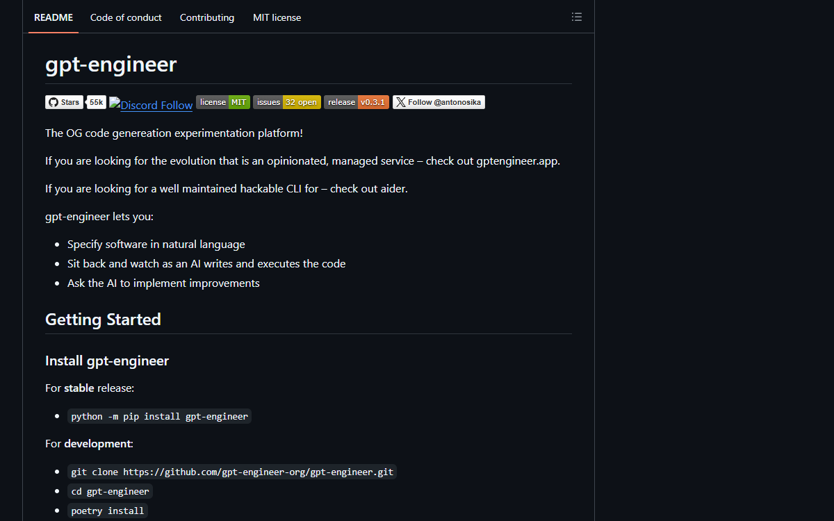 Screenshot of gpt-engineer