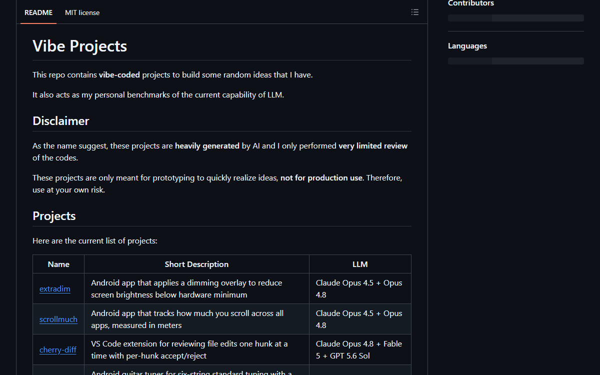 Screenshot of Vibe Projects