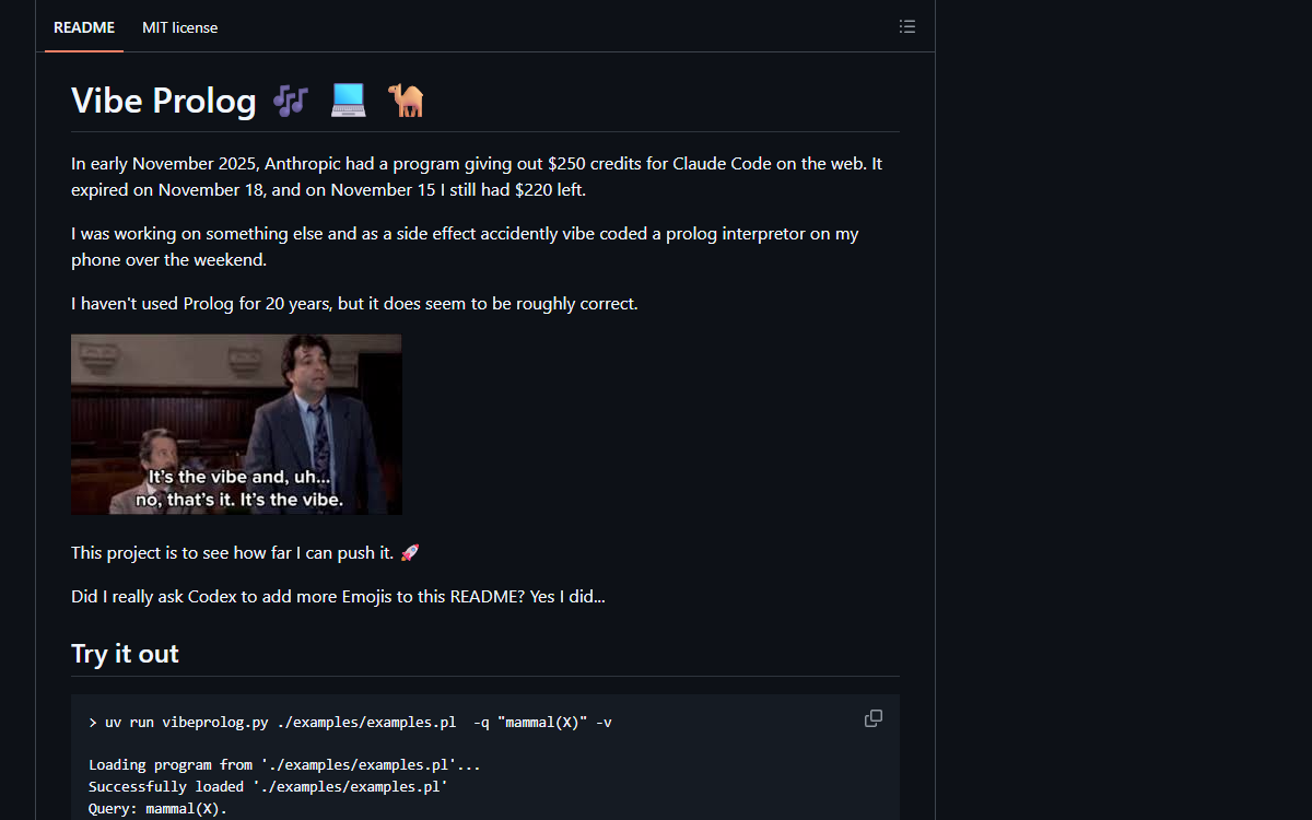 Screenshot of Vibe Prolog