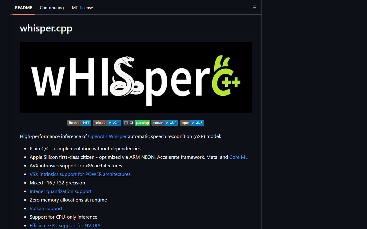 Screenshot of whisper.cpp